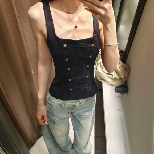 双排扣纽扣装饰紧身胸衣式上衣