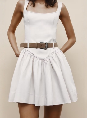 ZA外贸出口新款女装宽肩带方领拼接配腰带修身短连衣裙2180326