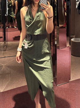 ZA外贸出口女新款深绿色配腰带亚麻混纺迷笛挂脖领连衣裙0387078