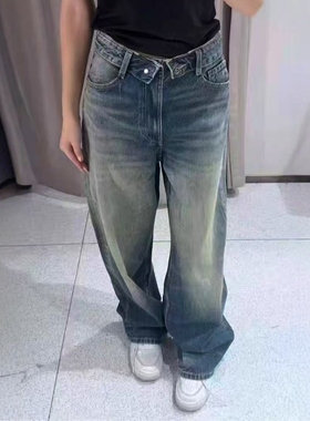 ZA外贸出口女装新款小众设计固色处理中腰翻折腰身牛仔裤4730214