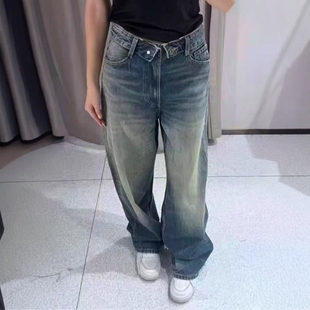 4730214 小众设计固色处理中腰翻折腰身牛仔裤 ZA外贸出口女装 新款