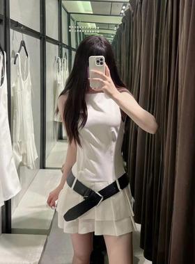 ZA外贸出口 女装白色百搭配腰带宽褶连体裤式连衣裙3152330 251