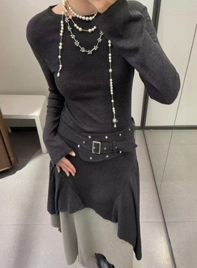 ZA外贸出口女装新款配腰带长袖款小圆领不对称迷笛连衣裙1131856