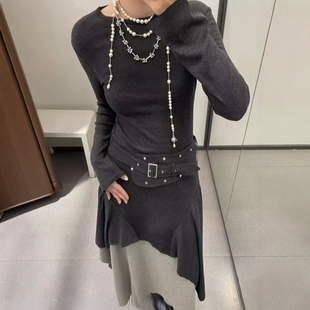 款 配腰带长袖 小圆领不对称迷笛连衣裙1131856 新款 ZA外贸出口女装