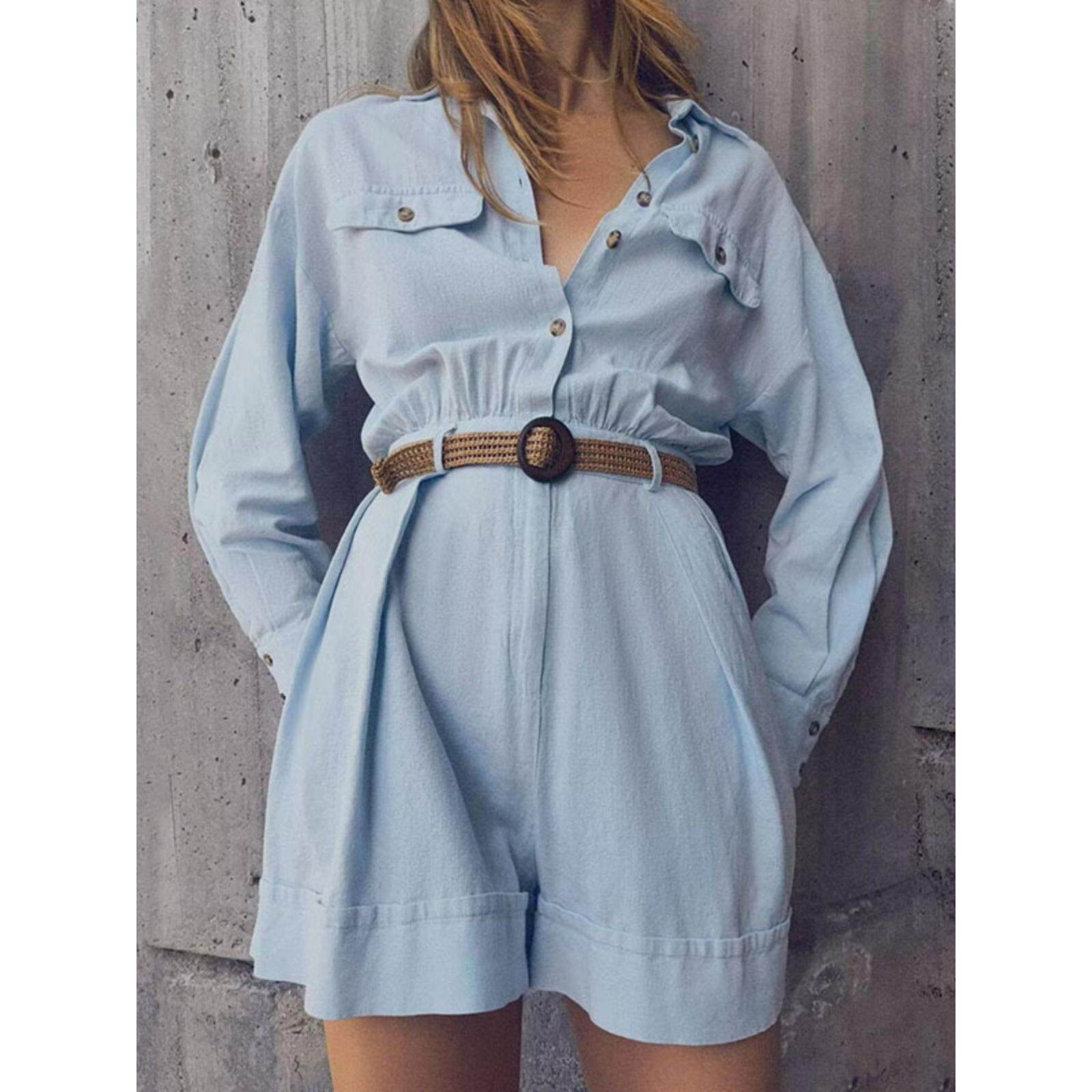 ZA外贸出口秋季新款蓝色工装口袋通勤配腰带连体裤女8376939 406