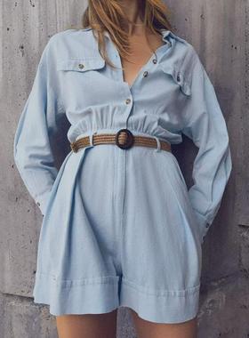 ZA外贸出口秋季新款蓝色工装口袋通勤配腰带连体裤女8376939 406