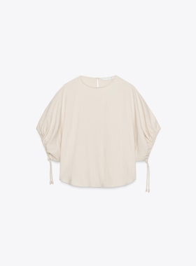 ZA外贸出口女装美式宽松极简主义系带蝙蝠泡泡袖衬衫8272447