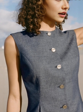 ZA外贸出口2834785新品极简风通勤亚麻混纺打褶背心女2746785434