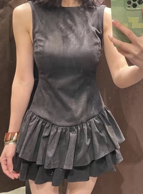 ZA外贸出口打蜡皮革效果叠层装饰绒面质感效果短连衣裙女4764279