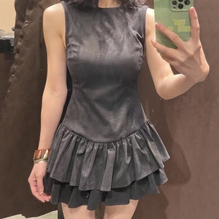 ZA外贸出口打蜡皮革效果叠层装 饰绒面质感效果短连衣裙女4764279