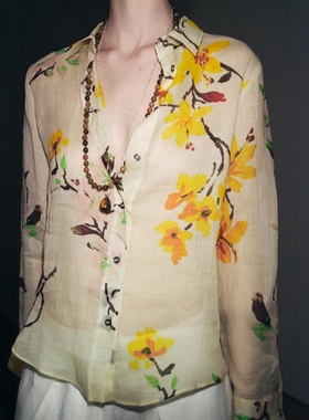 ZA外贸出口秋季新款女装休闲宽松气质感苎麻花朵衬衫8196019 712