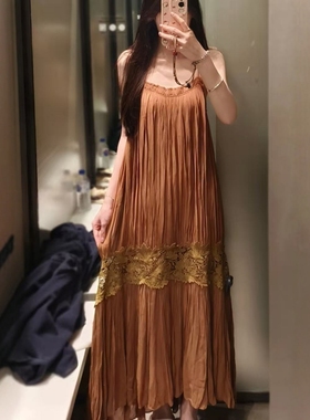 ZA外贸出口女装度假风长吊带分层饰皱纹刺绣连衣裙 5107269 700