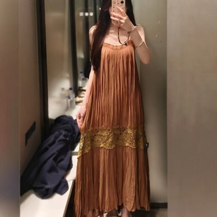 700 5107269 ZA外贸出口女装 度假风长吊带分层饰皱纹刺绣连衣裙