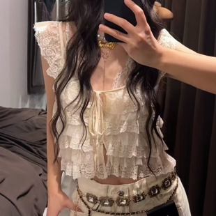 蕾丝宽肩带叠层装 手工刺绣法式 饰上衣7521028 新款 ZA外贸出口女装