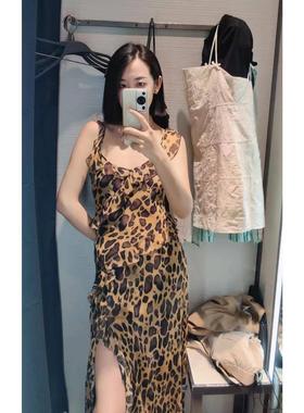 ZA外贸出口新款野性豹纹印花荷叶边开叉修身吊带连衣裙3095145