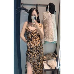 ZA外贸出口新款 吊带连衣裙3095145 野性豹纹印花荷叶边开叉修身