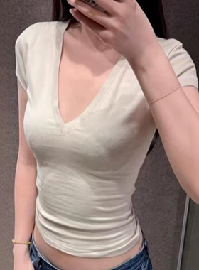 ZA外贸出口女装纯欲天花板短袖修身简约多色选 V 领 T 恤 4174315