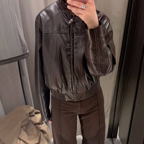 复古长袖仿皮短款飞行员夹克外套