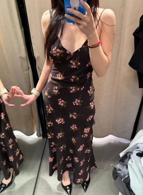 ZA外贸出口新款女装气质感花朵印花细垂顺V领吊带连衣裙 2587053