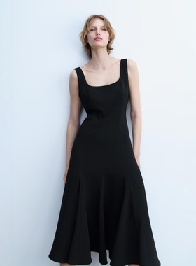 ZA外贸出口女装新品宽肩带宽褶方领迷笛小黑裙连衣裙4088046 800