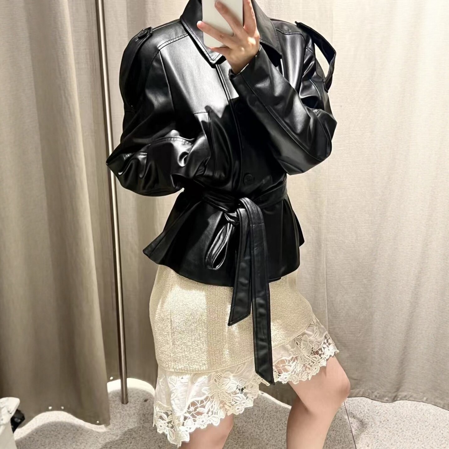ZA外贸出口美式小翻领机车风配腰带仿皮短风衣式小皮衣女 4749743