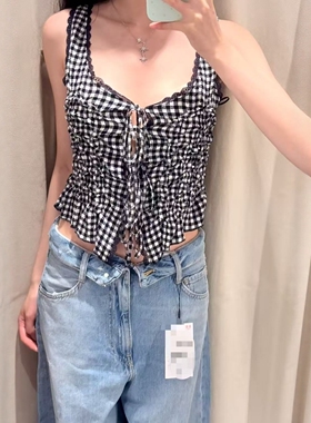 ZA外贸出口女装小格纹辣妹风系带饰宽肩带褶皱上衣 4745038 080