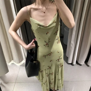 ZA外贸出口女装 526 仙草绿印花垂褶荡领吊带迷笛连衣裙5039123