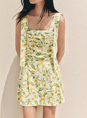 ZA外贸出口新品女装飘带装饰黄色碎花亚麻混纺短连衣裙 8351037