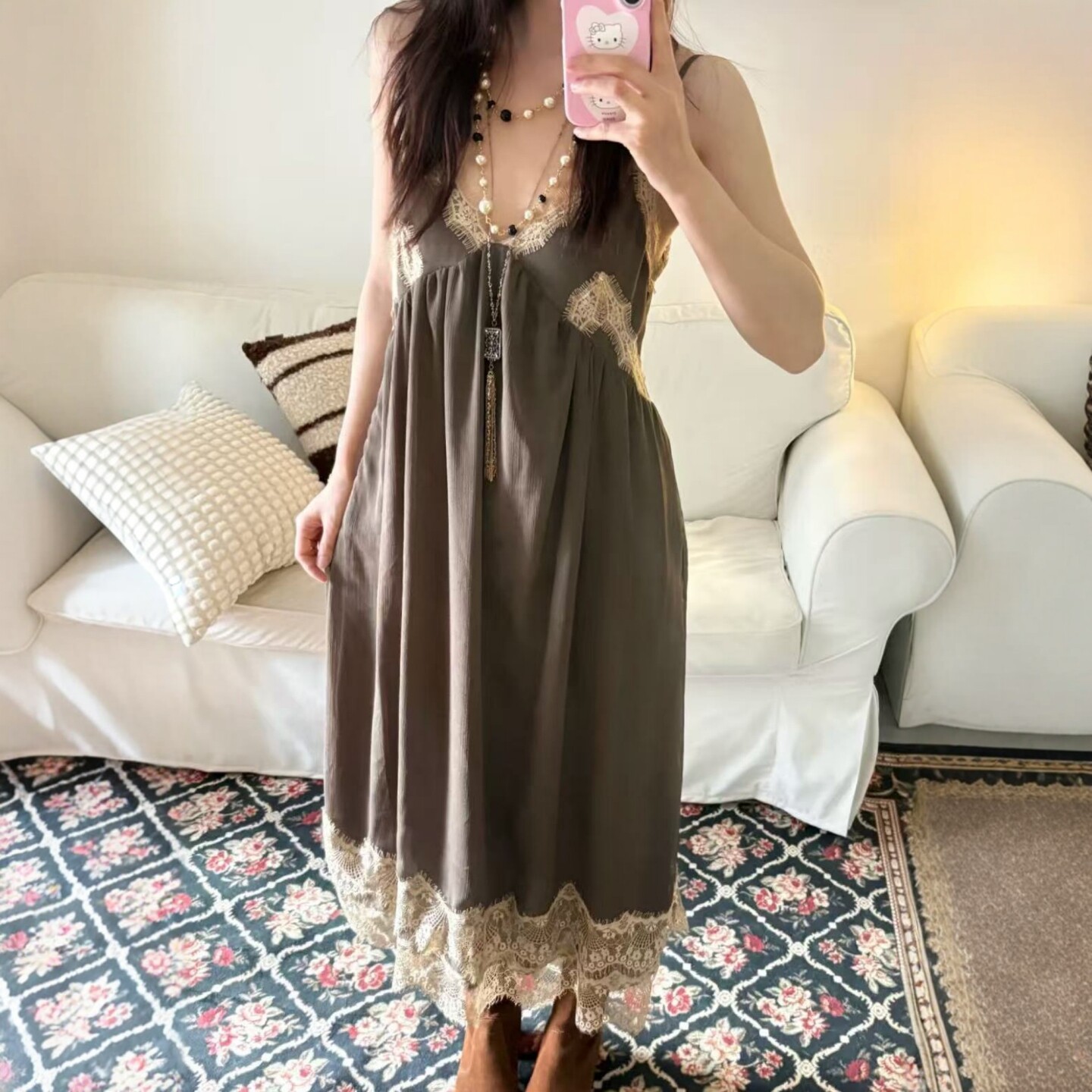 ZA外贸出口女装新款复古色V领吊带蕾丝修边内衣式连衣裙 7200304