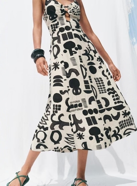 ZA外贸出口 新品小众象形文印花气质镂空露背设计连衣裙女3476595