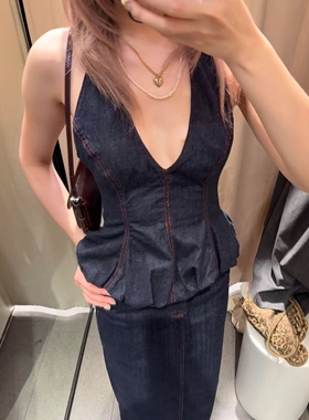 ZA外贸出口女装新品复古工装风藏青丹宁牛仔挂脖上衣6147118 407