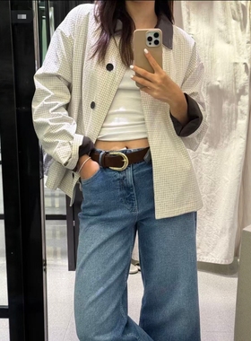 ZA外贸出口新款美式休闲小网格单襟撞色皮革领短款风衣女3811248