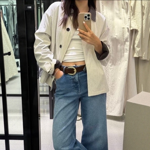 风衣女3811248 休闲小网格单襟撞色皮革领短款 ZA外贸出口新款 美式