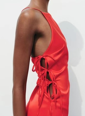 ZA外贸出口新款女红色侧边绑带蝴蝶结丝缎质感连衣裙2953052 600