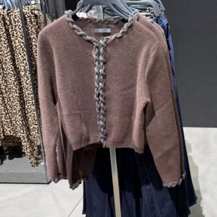 ZA外贸出口女装 饰交织饰层针织外套9598196 八股编缝线修边装