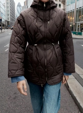 ZA外贸出口女装菱形纹休闲宽松轻薄保暖连帽收腰绗缝外套8372281