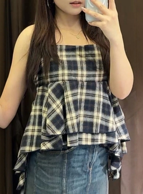 ZA外贸出口女装新品叠穿打底叠层装饰格纹小流苏吊带上衣4772814