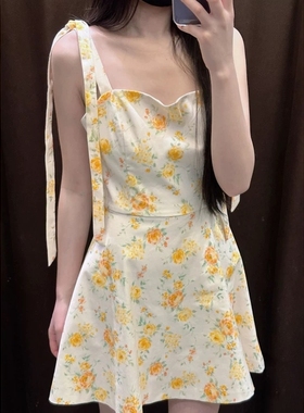 ZA外贸出口女装新品黄色碎花蝴蝶结饰花朵印花府绸连衣裙4661396