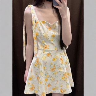 ZA外贸出口女装 黄色碎花蝴蝶结饰花朵印花府绸连衣裙4661396 新品