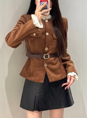 ZA外贸出口女装新品工装口袋配腰带绒面质感效果西装外套8741260