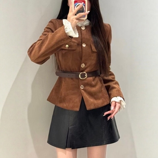 口袋配腰带绒面质感效果西装 工装 外套8741260 新品 ZA外贸出口女装