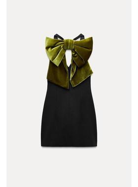 ZA外贸出口秋冬女装撞色天鹅绒大蝴蝶结饰吊带连衣裙 9058777