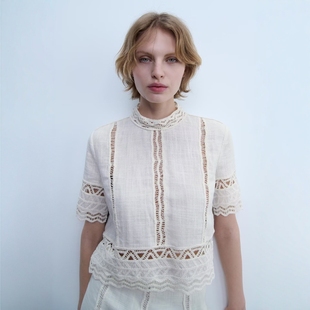 712 女2731043 ZA外贸出口2731044新品 棉麻自然高级感钩编细节衬衫