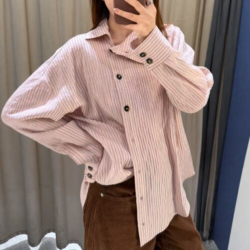 宽松粉色斜襟条纹高领宽松衬衫