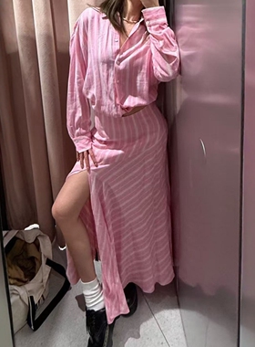 ZA外贸出口女装新品2710685休闲度假风粉红条纹亚麻迷笛裙2566685