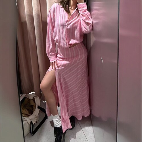 度假风粉红条纹亚麻迷笛裙