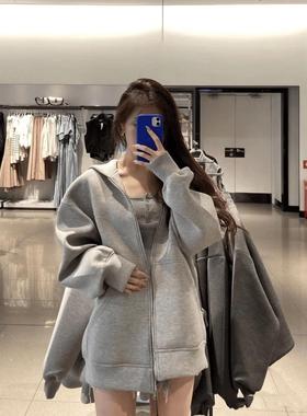 ZA外贸出口秋冬灰色宽松oversize连帽拉链卫衣外套女8073221 802