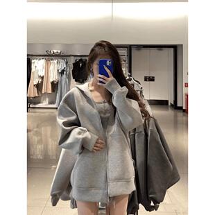 802 ZA外贸出口秋冬灰色宽松oversize连帽拉链卫衣外套女8073221