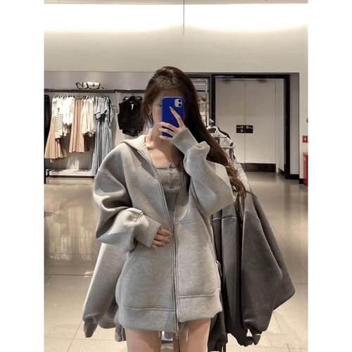 柜货！休闲宽松连帽拉链卫衣