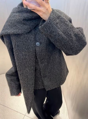 ZA外贸出口女装新款美式穿搭高级感短款圈圈呢配围巾大衣 6318295